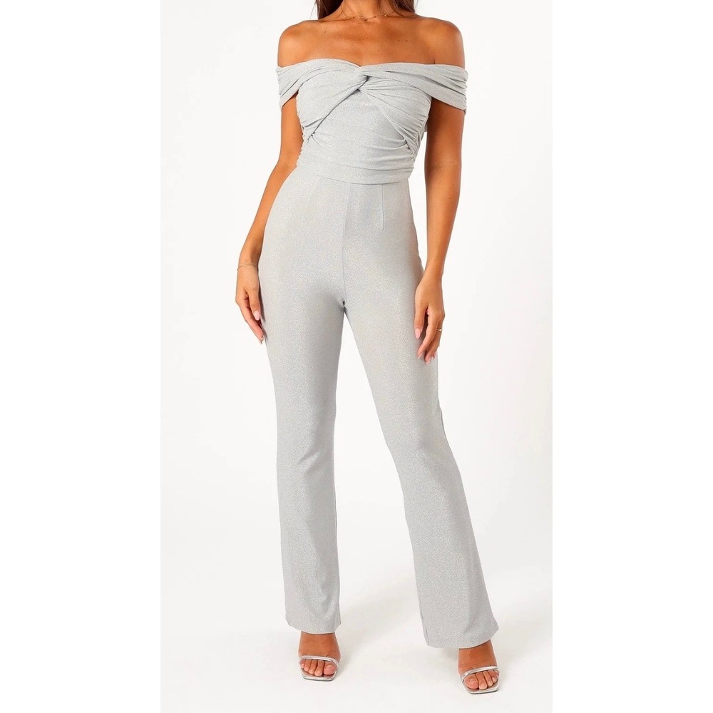 Petal + Pup Shamie Off Shoulder Jumpsuit Silver Metallic Wide Leg XL JS5137